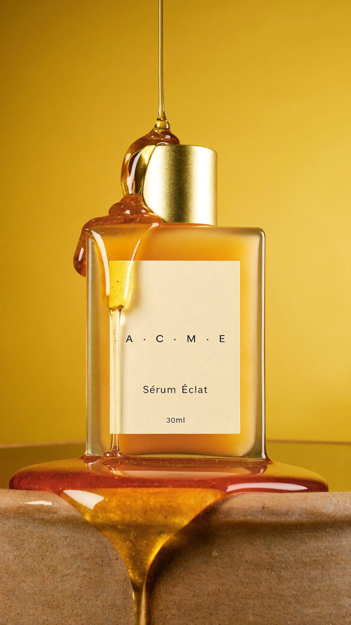Flacon de sérum à moitié immergé dans du miel liquide sur céramique terracotta